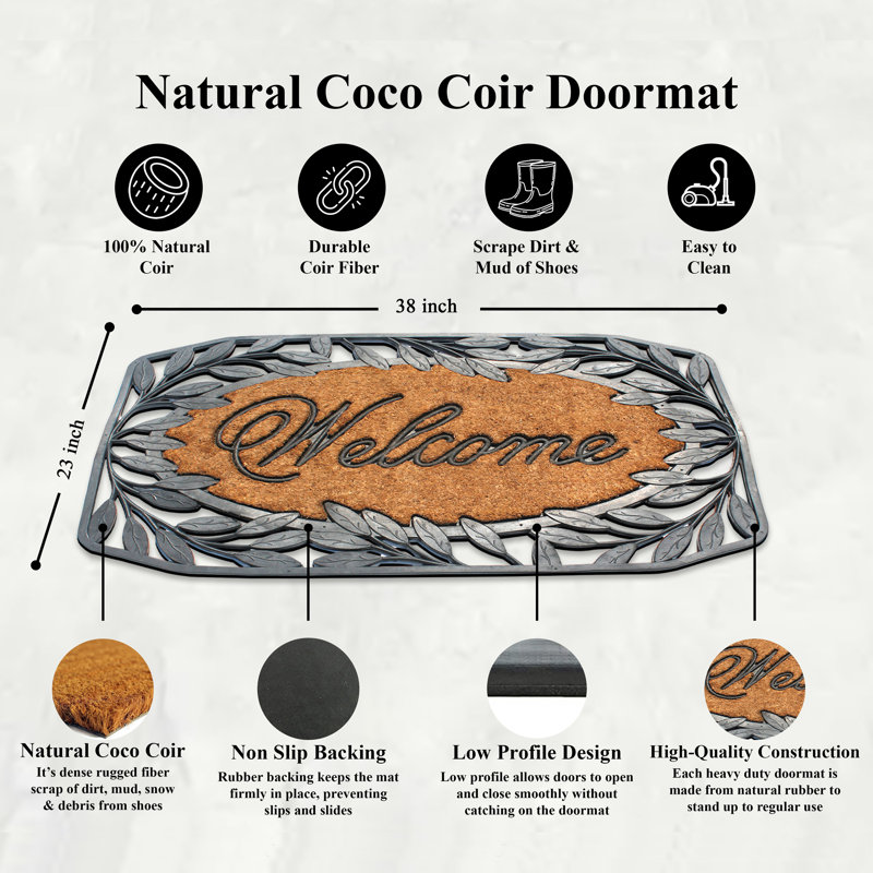 Kairese Coir and Rubber Welcome 38" x 23" Non-Slip Outdoor Door Mat Leaf Border Welcome Black