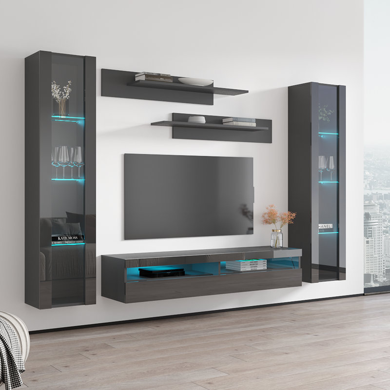 100" Modern Floating Wall Mounted Entertainment Center with 16-Color LED Lighting, High Gloss Finish, Gray