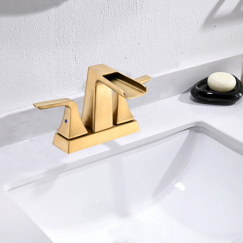 Robinet de salle de bain élégant à effet cascade, robinet de lavabo à deux poignées avec bec ouvert et commande d'eau chaude et froide