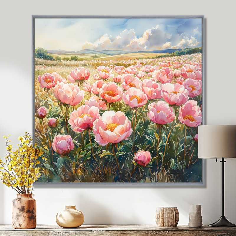Pivoines dans le champ ensoleillé II - pivoines grand art mural, Impression encadrée flottante, Argent argent