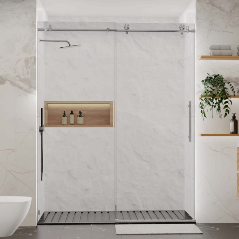 Frameless Shower Door, Sliding Shower Door, With Premium 5/16"(8Mm) Thick Tempered Glass Shower Enclosure ,With Buffer