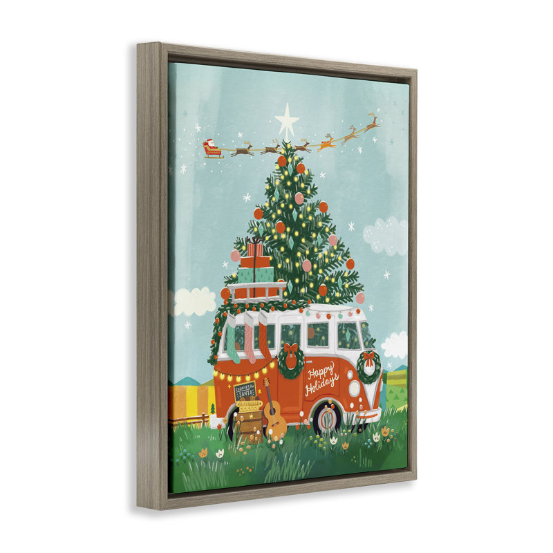 «Christmas Van Hangout», art mural sur toile par Irene Chan, Cadre flottant orme Montalcino, H 25 po x l 31 po