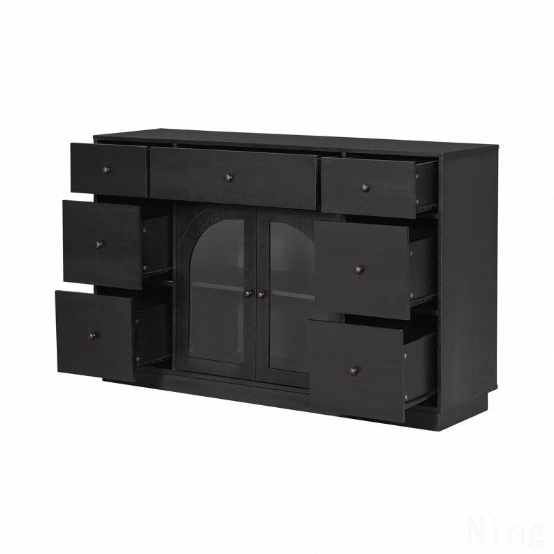 Large Size Accent Storage Cabinet, For Living Room/Dining Room Entrance With 2-Doors And 7-Drawers, Black