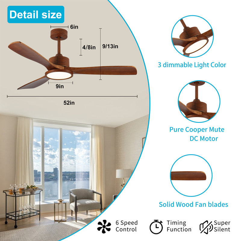 Ventilateurs de plafond en bois 52 pouces avec lumières et télécommande