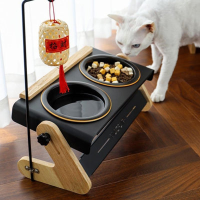 Adjustable Elevated Double Ceramic Pet Bowl Stand, Wood & Metal Raised Feeder for Dogs Cats, Portable Anti-Slip Pet Feeding Station