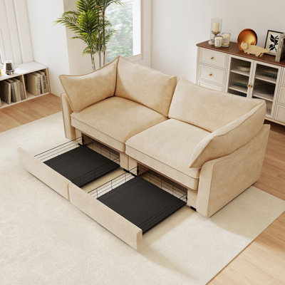 2 Seater Sofa With Pull Out Storage Drawers Under Each Seat, ,2-Seat Loveseat With Excellent Storage Space, Suitable For Small Living Rooms, Chenille Color Wheat