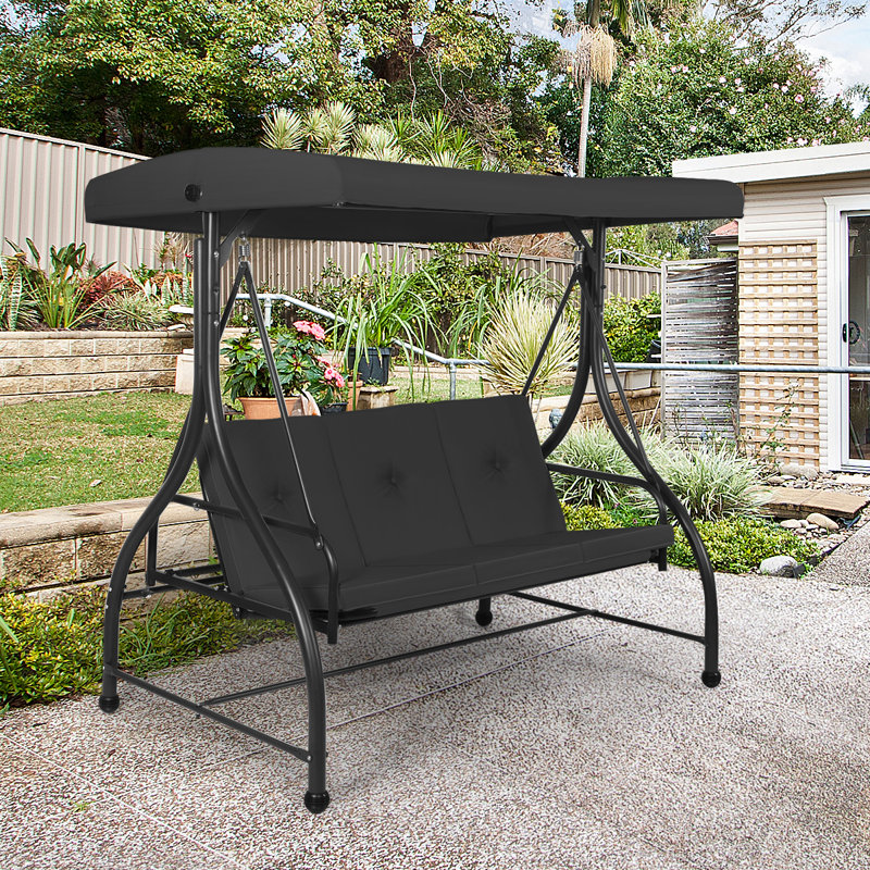 Black Adjustable Steel Frame 3-Seat Outdoor Swing with Canopy