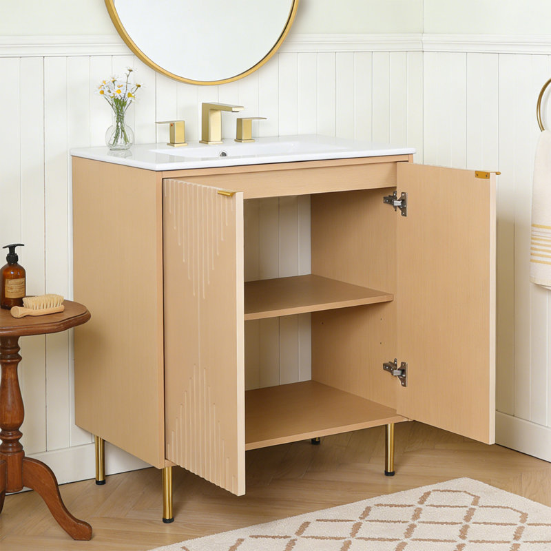 Meuble-lavabo simple 30 po à grain de bois moderne avec lavabo en céramique