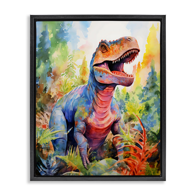 Dinosaure T-Rex coloré dans un cadre flottant dans la jungle, design par Creative Studio, Cadre flottant noir de jais