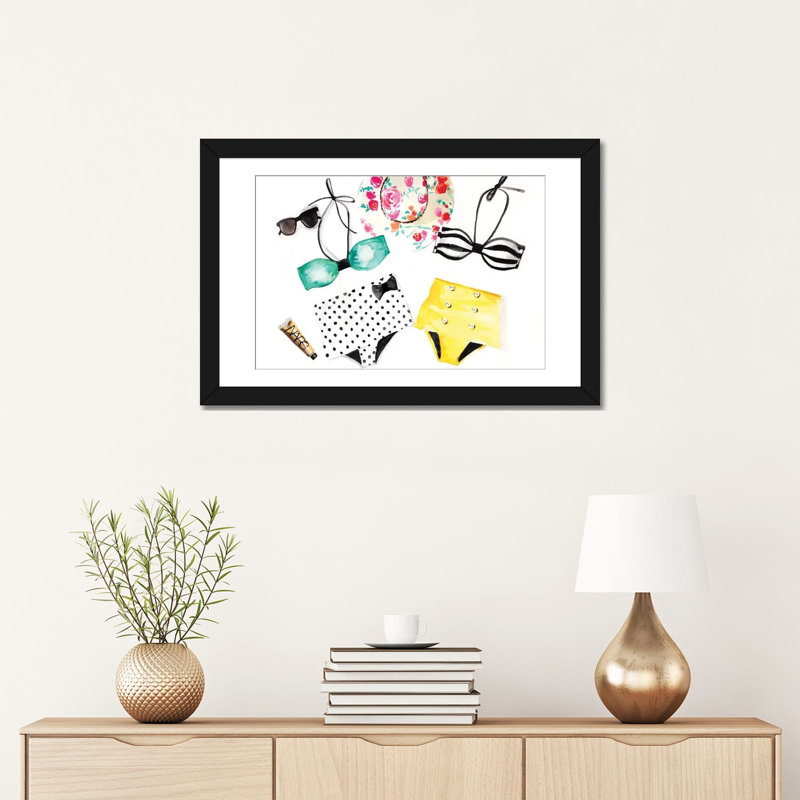Summer Bikinis, peinture sur toile tendue, H 16 po x l 24 po x P 1 po, Papier beaux-arts encadré noir, Blanc