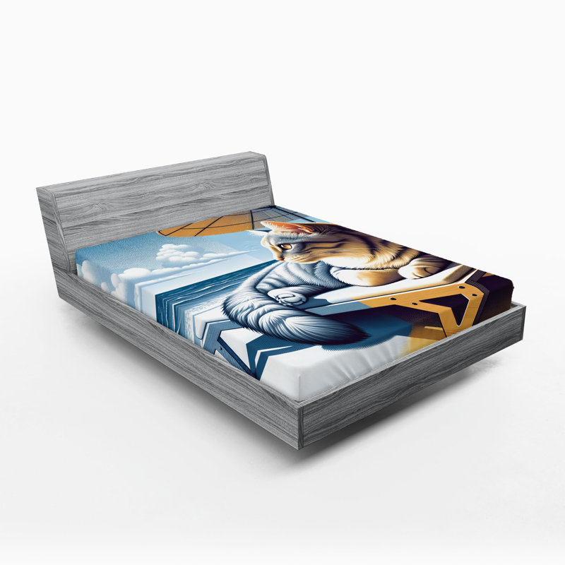 Drap-housse pour chat Ambesonne_ Chaton en train de bronzer bord de mer_ Moutarde bleu pâle