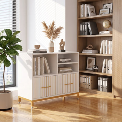 35.43" White Gold Filing Cabinet with Drawer and Shelves