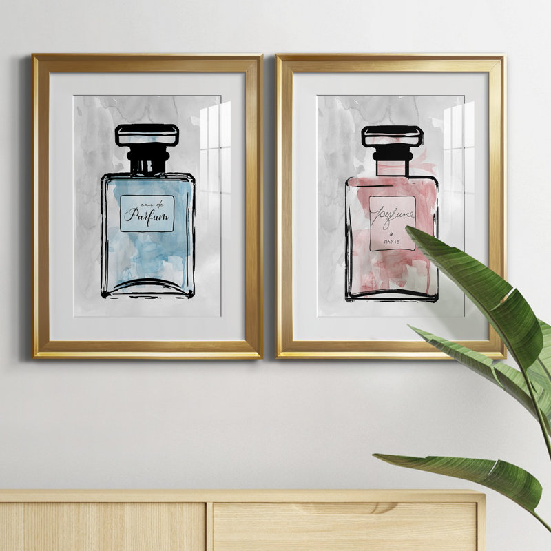 «Blue Wash Perfume», ensemble de 2 reproductions d'art, H 22,5 po x l 61 po x P 1,5 po, Papier encadré doré, Blanc