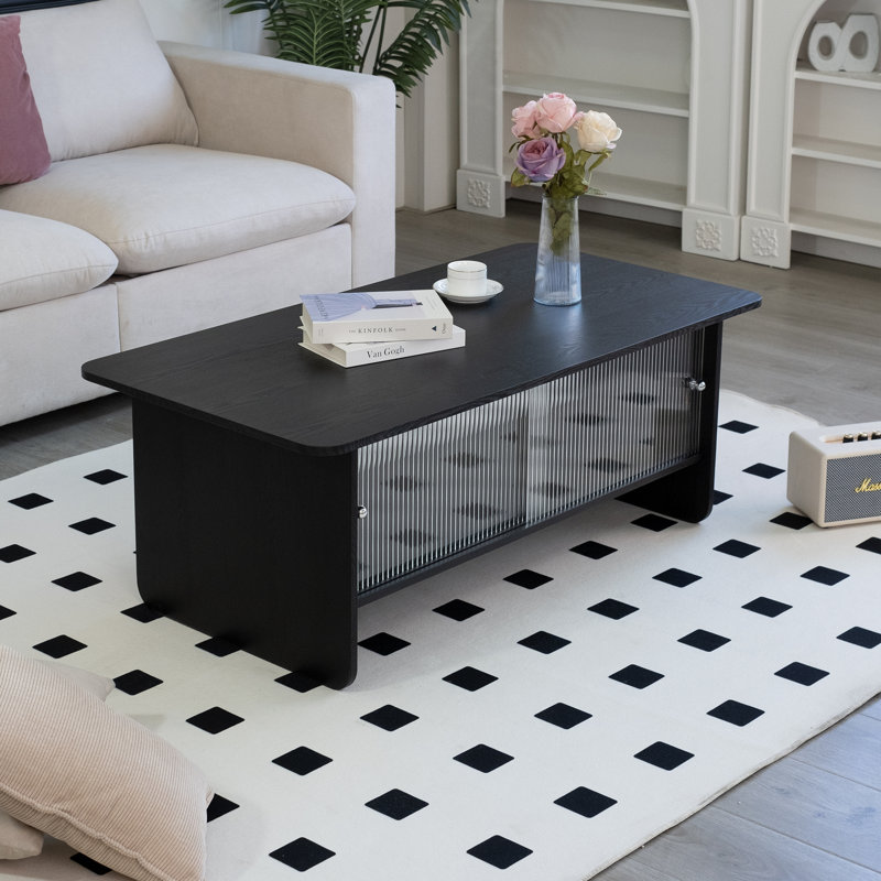 table basse rectangulaire moderne minimaliste avec centre de rangement à porte coulissante en verre, Noir