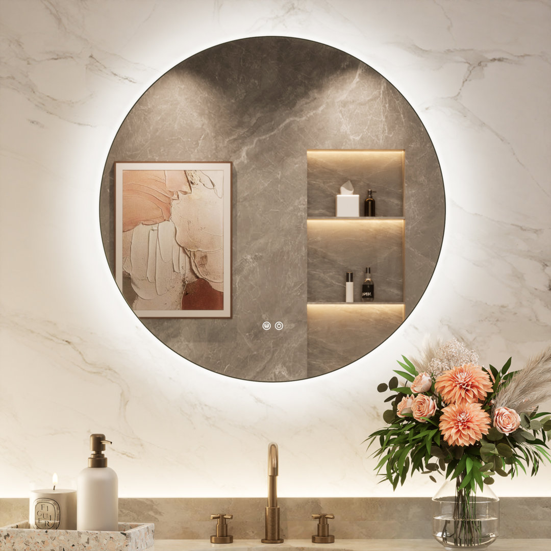 Adorna  Round Frameless Backlit Mirror, LED Bathroom Mirror with Dimmable Brightness, Anti-fog Function, 50000h Lifetime, Shatterproof Film Orren Ellis 