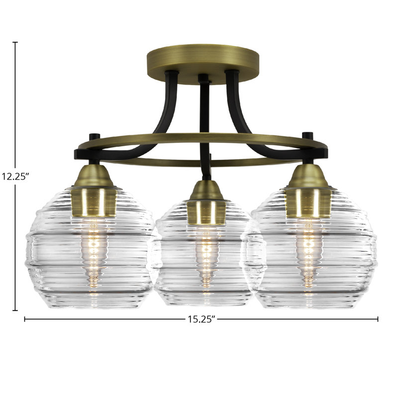 Plafonnier semi-encastré 3 lumières Paramount noir mat et laiton avec verre côtelé transparent de 6 po