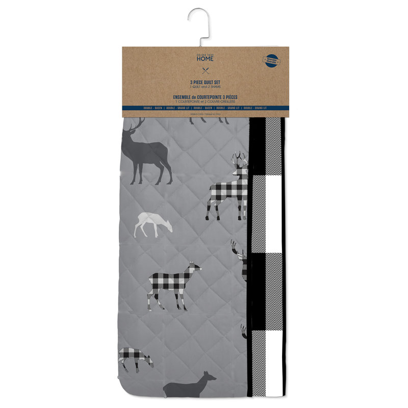 Ensemble de courtepointe réversible en microfibre grise 2 pièces, Courtepointe pour lit grand + deux taies décorati