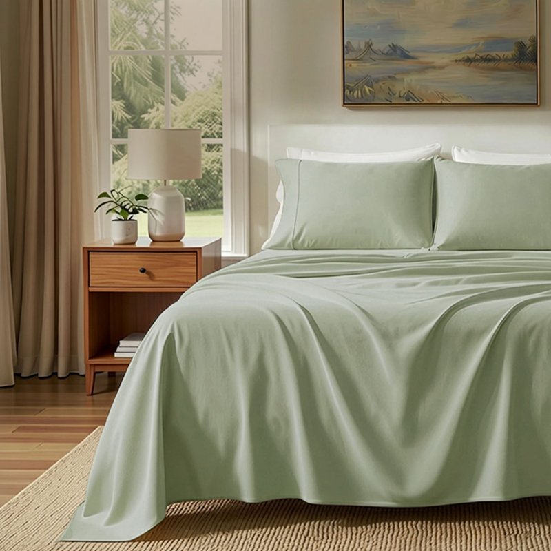 Ensemble de draps 100% coton égyptien 400 fils Threadmill, Ensemble de draps pour lit simple avec 1 taie d'or, Vert sauge