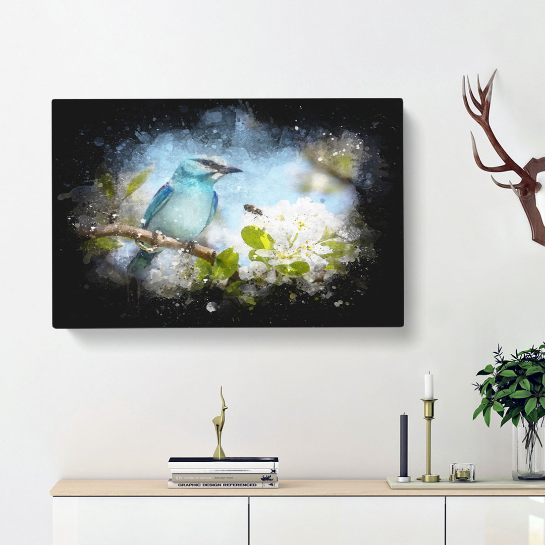 Blue Bird & Cherry Blossom Tree - Wrapped Canvas