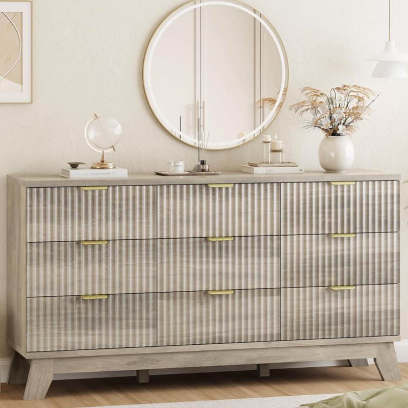 Fluted 3 -Drawers Dresser For Bedroom With Dresser Organizer, 23.6''W Wood Wide Chest of Drawers ,Nightstand Pink