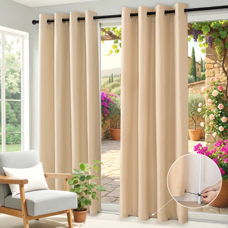 Abba Beige 100" W x 108" L Waterproof Grommet Top and Bottom Black Out Pergola Outdoor Single Curtain Panel, 100" W x 108" L