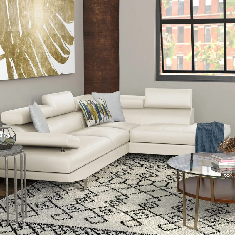 105" Wide Faux leather Right Hand Facing Sectional, White Faux Leather