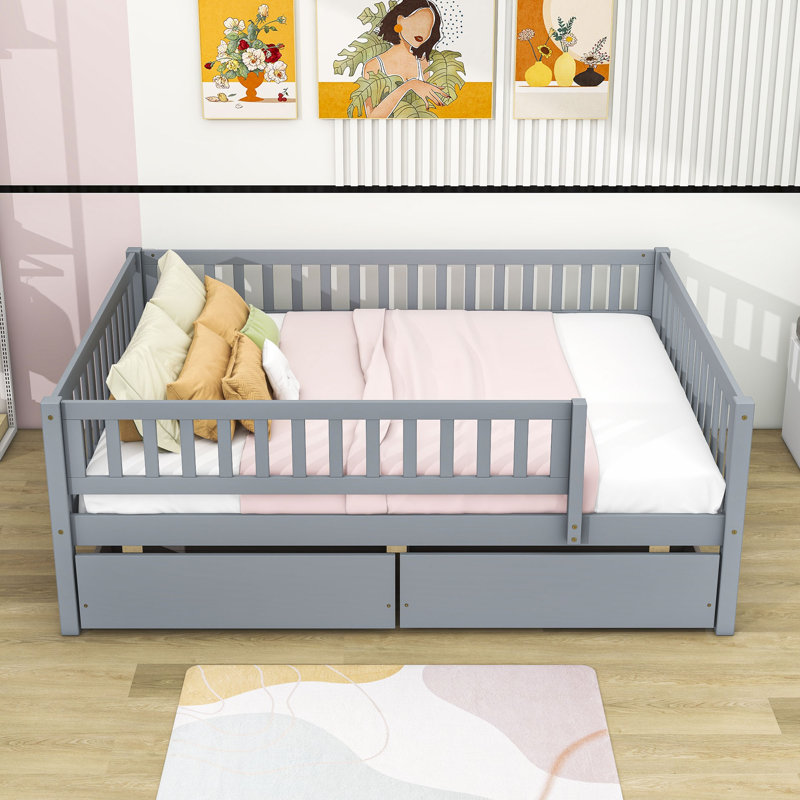 Full Size 2 Drawers Wooden Daybed with Fence, Gray