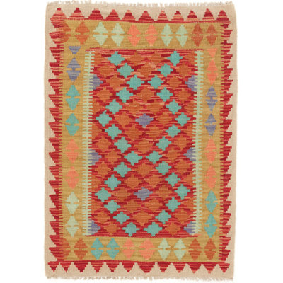 Rectangle 60 cm x 90 cm Geometric Wool Hand Woven Kilim Area Rug