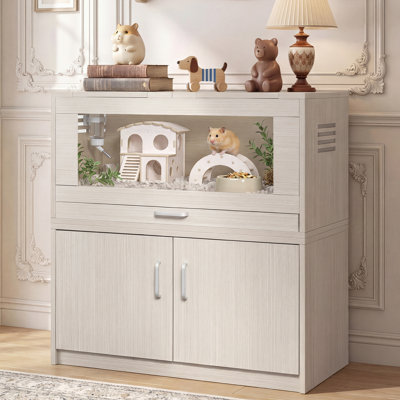 Hamster Cage with Storage Cabinet Detachable, Large Wooden Small Animal Habitat with Easy-Clean Drawer & Acrylic Panels for Guinea Pig, Rabbit, Hedgehog, Gerbil