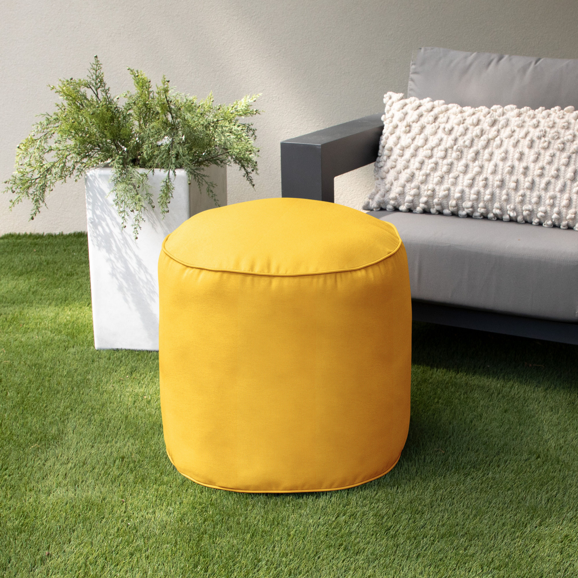 Demi Round Upholstered Outdoor Ottoman with Sunbrella® Cushion, Yellow
