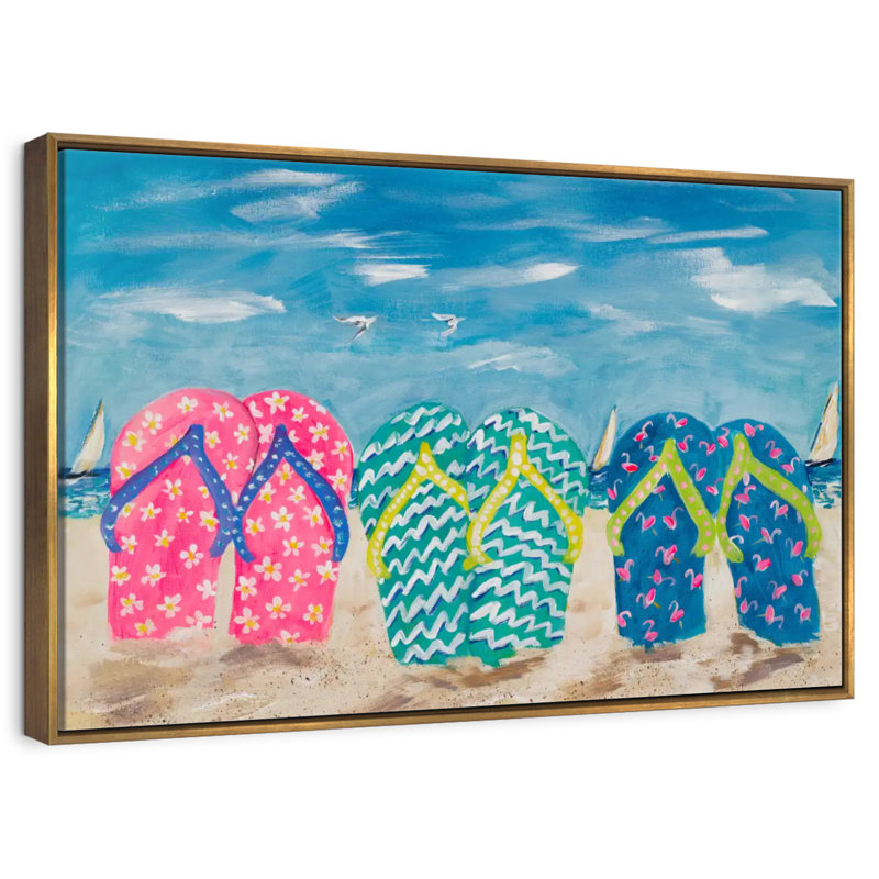 Tongs dans le sable, Cadre flottant doré, 31 po x 21 po
