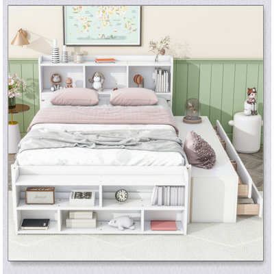 Full Size Bookcase Storage Bed with Under-Bed Drawers & End Cabinet