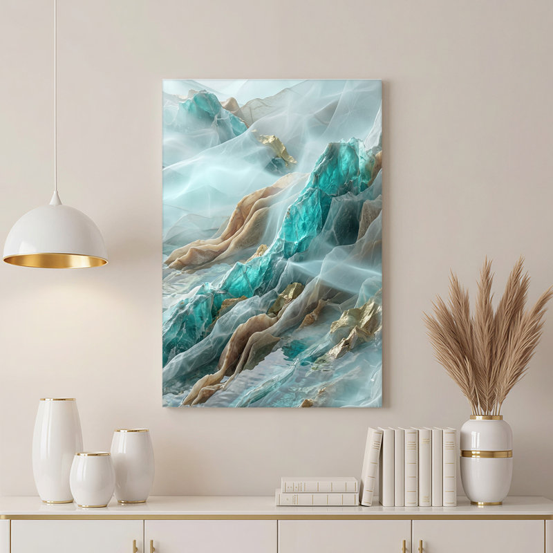 Toile abstraite turquoise et dorée, H 30 po x l 20 po