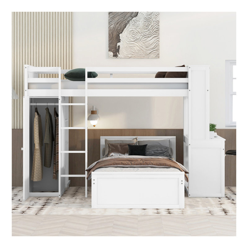 Lit mezzanine simple avec lit autonome, tablettes, bureau et garde-robe - blanc, Lit simple, Blanc