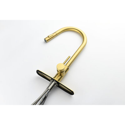Pull Down Kitchen Faucet In Brushed Gold - Stainless Steel Construction, 360 Rotatable High Nozzle, Two Water Output Options, Single Handle For Temperature & Flow Adjustment, Corrosion, 15.65In