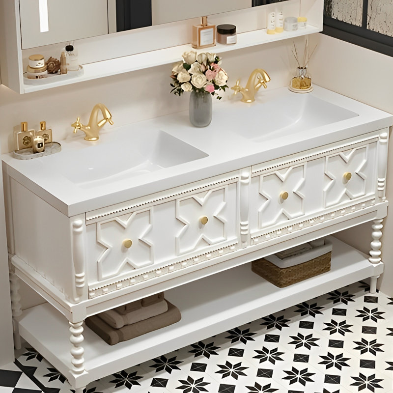 Armoire de salle de bain à double vasque rétro de style français, Blanc, H 32,28 po x l 59,06 po x P 21,65 po