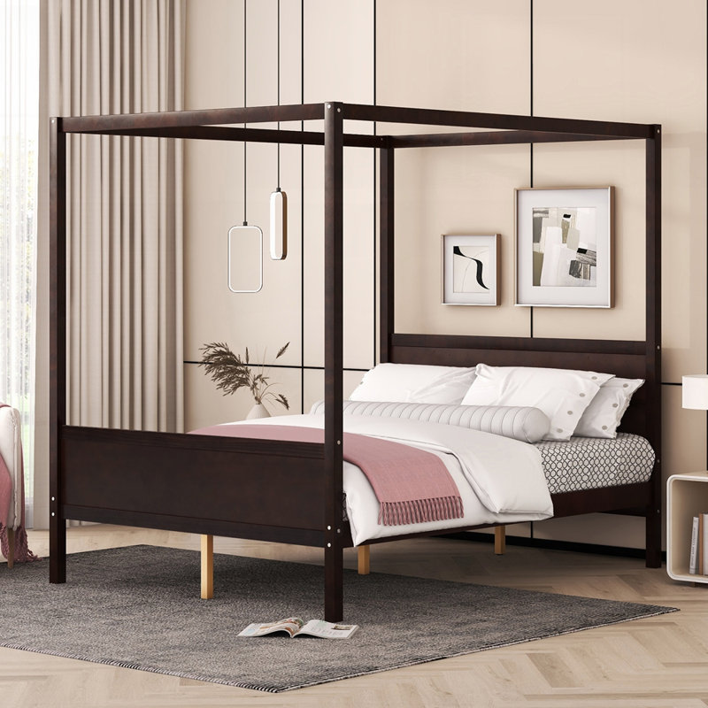 Lit à baldaquin en bois moderne avec tête de lit intégrée élégante et rangement sous le lit pour une utilisation efficace de l'espace