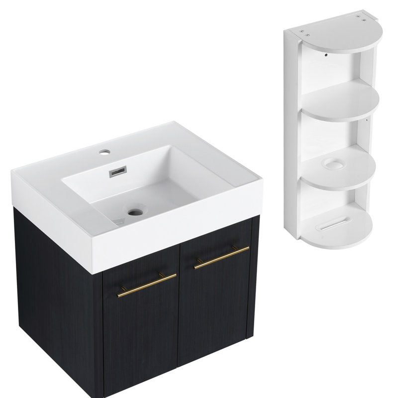 Meuble-lavabo de 24 pouces avec lavabo en résine à rebords épais et trois supports de rangement, finition en châtaignier noir, contreplaqué fonctionnel contemporain pour installation