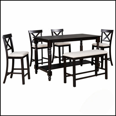 Ensemble de salle à manger à hauteur de comptoir 6 pièces avec table, tablette, 4 chaises et banc pour les salles à manger modernes