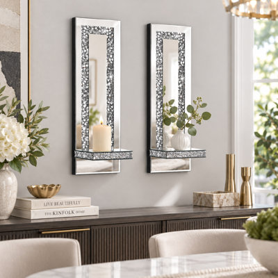 2-Piece Mirrored Wall Candle Sconce Set with Crushed Crystal Accents