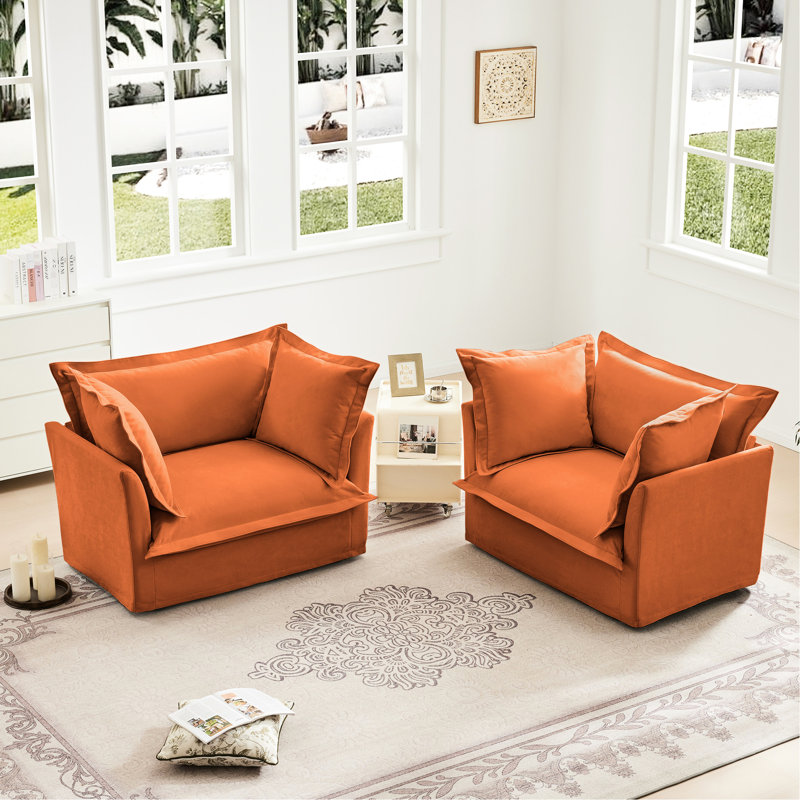 Fauteuils en chenille à 2 places en orange, coussins moelleux, housses amovibles et confortables pour la lecture d'orange avec housses, sièges spacieux à structure en bois