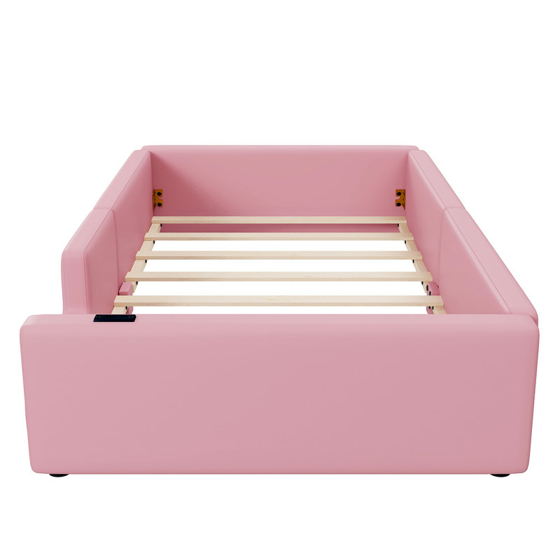 Lit plateforme tapissier avec garde-corps et station de charge, Rose