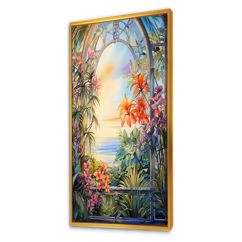 «Tropical Windows View Blooms 3», art mural floral abstrait, Cadre flottant doré, H 60 po x l 28 po x P 1,5 po