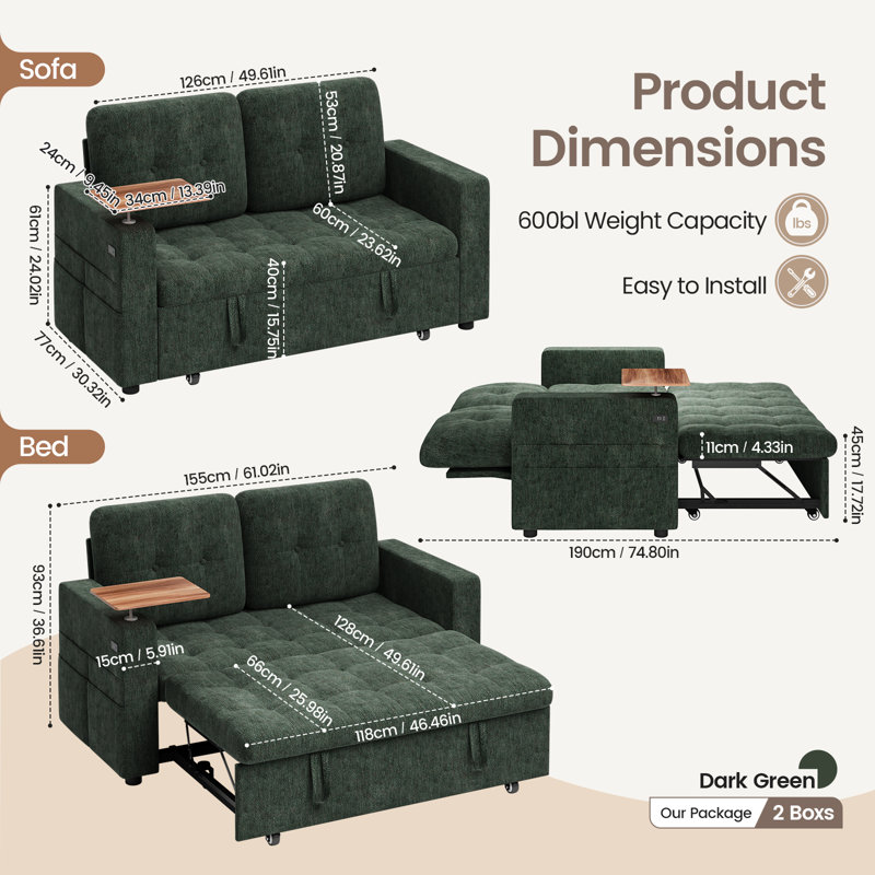 2 Seater Chenille Sofa Bed, Green