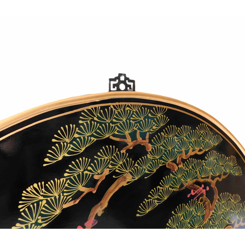 Panneau mural rond oriental peint à la main avec grue et paysage asiatique, H 30 po x l 30 po
