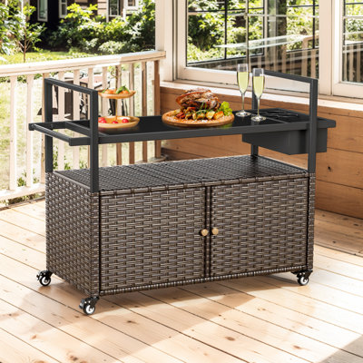49" PE Wicker Bar Cart Portable Outdoor Table Made Of Durable Steel Frame And Tempered Glass Tabletop For Kitchen Prep And Grilling