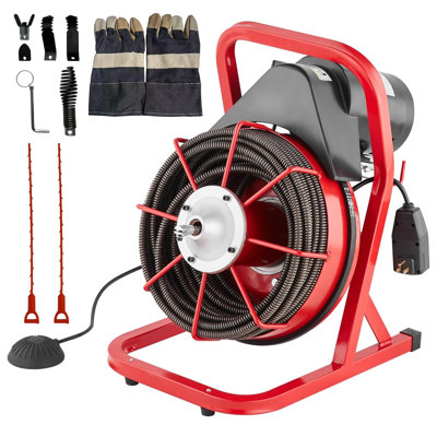Nettoyeur de drains électrique robuste 75 pi x 1/2 po - tarière à égouttoir 400 W avec 6 couteaux, interrupteur à pédale activé par l'air, pour tuyaux de 1 po à 4 po - idéal pour les éviers, les toilettes, les douches - rouge