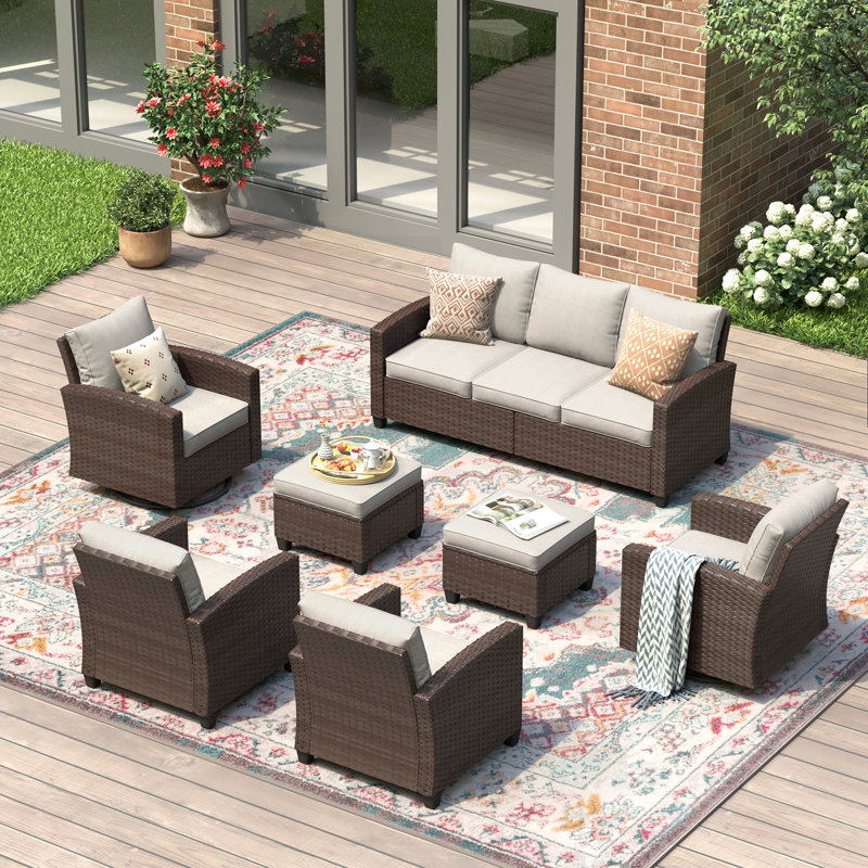 7 Seats Wicker Patio Conversation Set with Cushions, Brown Frame/Sand Cushion