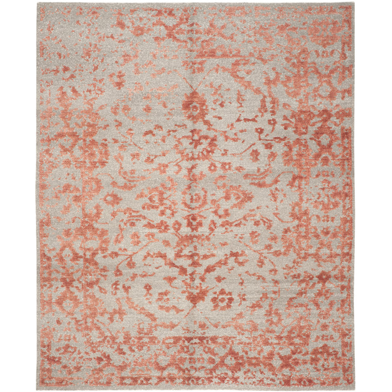 Rectangle Centennial Floral Hand-Knotted Cotton/Viscose Area Rug in Gray/Red, Rectangle 9' x 12'