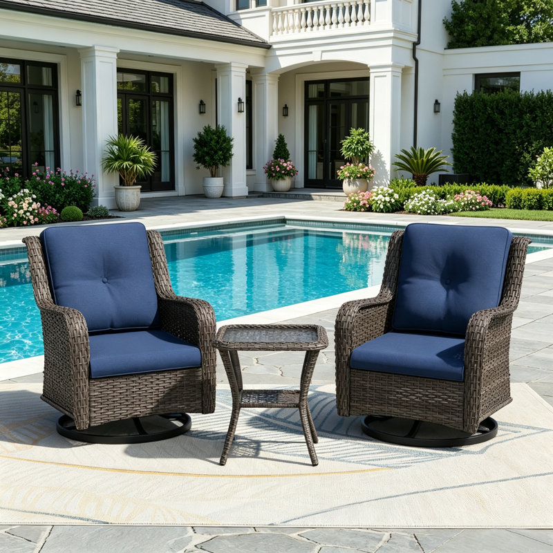Ensemble de conversation en rotin pour 2 personnes avec 1 table basse, 2 chaises pivotantes et coussins bleus, Bleu